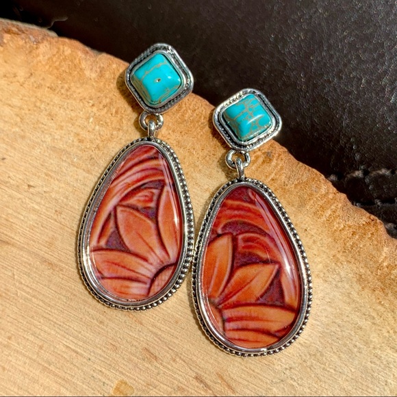 Bohemian Vintage Style Water Drop CZ Turquoise Trendy Floral Earrings - Picture 3 of 4